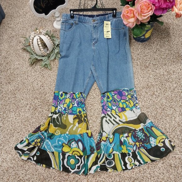 3801 Size 14p Upcycled Denim & Company Flare Leg high rise Jeans. - Picture 1 of 5